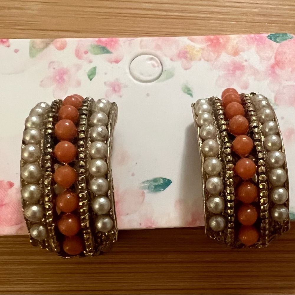 Vintage Gold, Orange and Pearl Beaded Clip Earrings